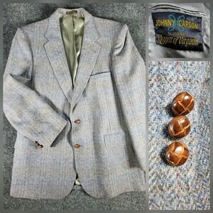 VTG Johnny Carson Tweed Gray Herringbone Wool Sport Coat Blazer Wood Buttons 43R